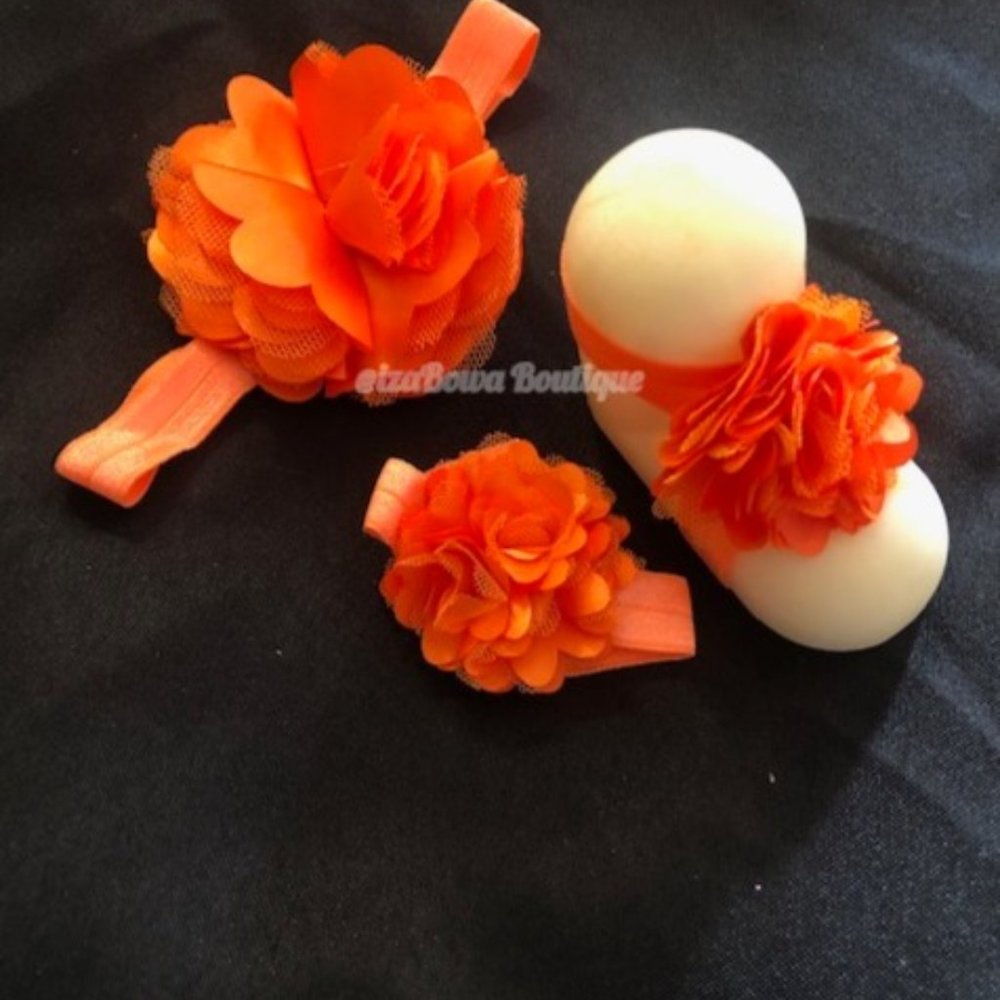 Orange Chiffon & Lace Barefoot Sandal & Headband Set  SETMIXORG  Handmade NWT